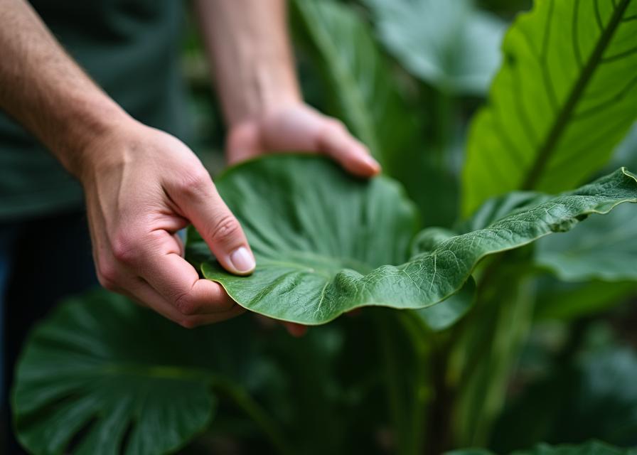 Ekspert Szlak Ogrody Wschodu sprawdzający liście palmy
